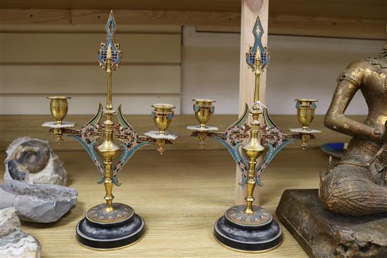 A pair of 19th century French ormolu and champleve candelabra